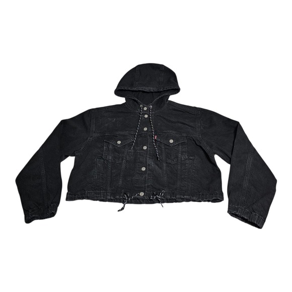 Levi's Cinched Trucker Jacket Womens XL Hooded Crop Snap Black Denim 277157 - Picture 1 of 11